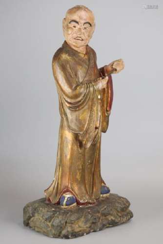 Chinese wood carving of a monk, Republican period