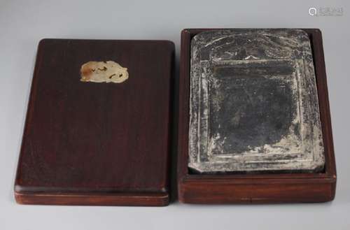 Chinese ink stone w/ fitted hardwood box, 19th c.