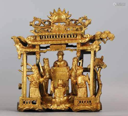 Chinese wood carving of a shrine scene, 19th c.