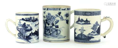 Three Chinese blue and white tankards,18th century, of cylindrical shape, two painted with watery