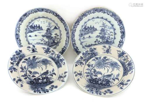 Two pairs of Chinese blue and white plates,18th century, one pair painted with watery landscape,