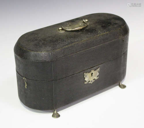 A mid-18th century silver mounted shagreen tea caddy box of oval form, the hinged lid with silver