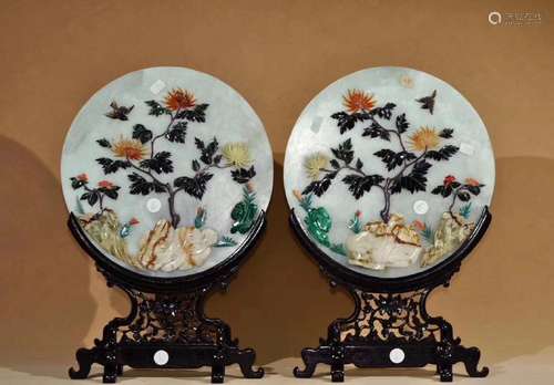 PAIR OF FORAL DECORATED WHITE JADE SCREENS