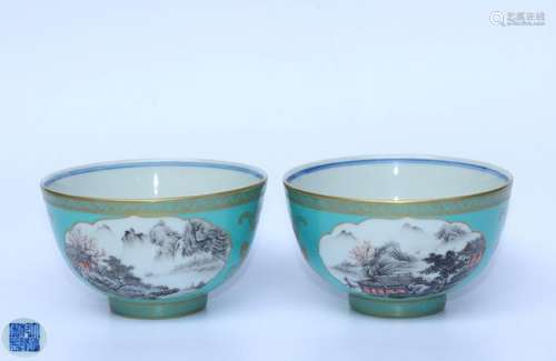 PAIR GILDED LANDSCAPE PATTERN BOWLS