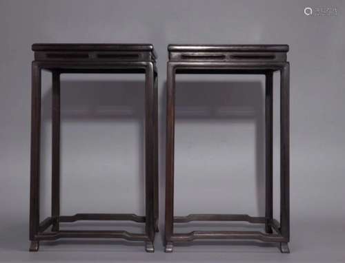 PAIR ZITAN WOOD CASTED MARBLE DECORATED CHAIRS