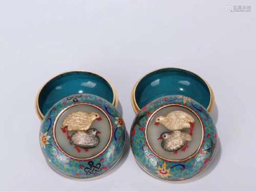 PAIR GILT BRONZE CASTED CLOISONNE BOX WITH COVER