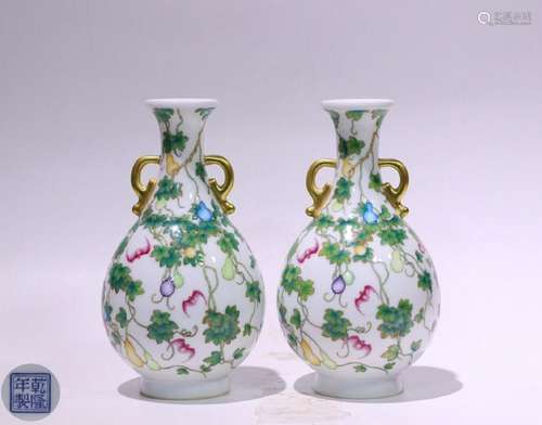 PAIR GILDED CLOISONNE GOURD PATTERN VASES