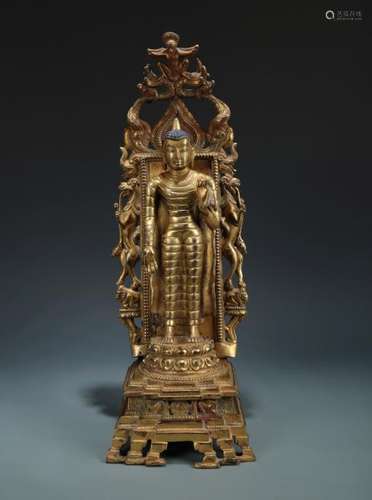 A GILT BRONZE CASTED SAKYAMUNI BUDDHA