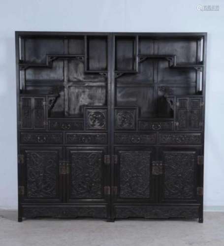 PAIR ZITAN WOOD CARVED WOODEN CABINET