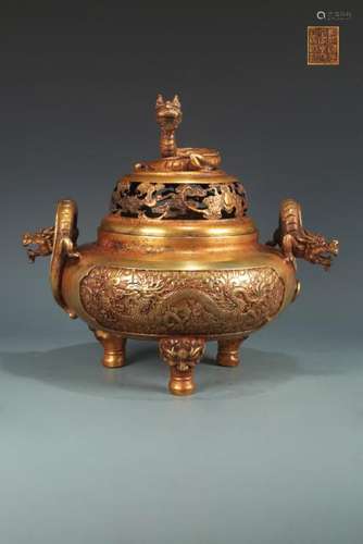 A GILT BRONZE CASTED DRAGON SHAPED EAR CENSER