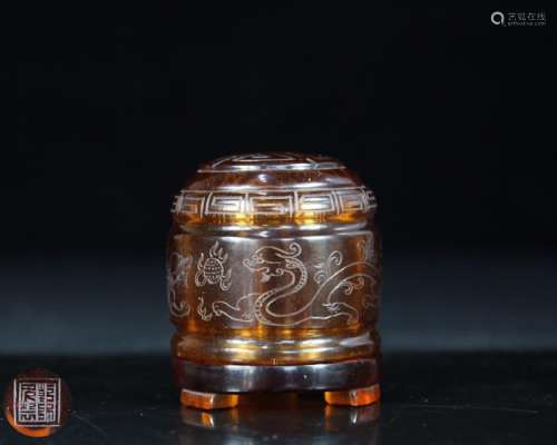 A GLASS CASTED GRAGON PATTERN FINGER RING BOX