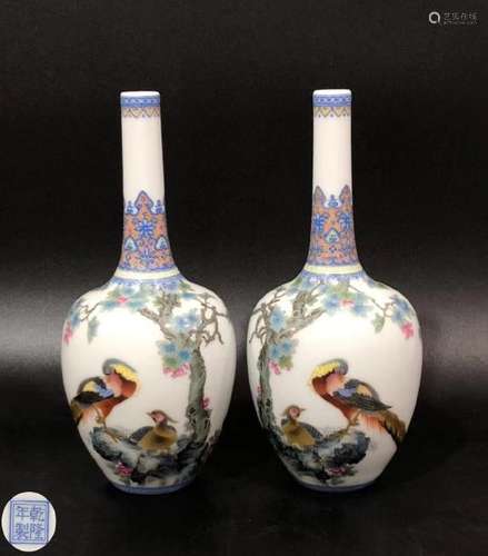 PAIR CLOISONNE GLAZE BIRD FLORAL PATTERN BOTTLE