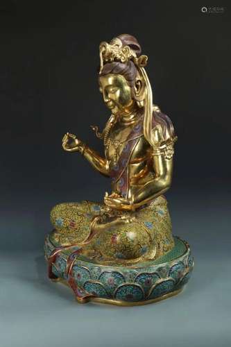 A BRONZE CASTED CLOISONNE GUANYIN BUDDHA