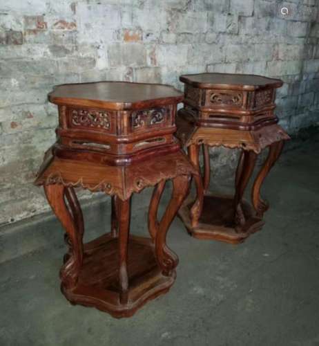 PAIR HUALI WOOD CARVED HEXAGON CHAIR