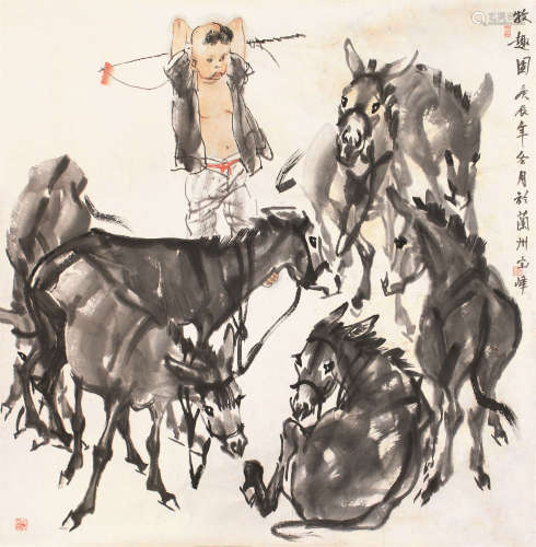李宝峰(b.1938) 牧趣图 设色 纸本镜片