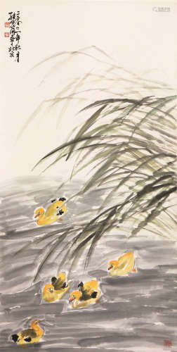 张世简(b.1926) 雏鸭戏水 设色 纸本立轴