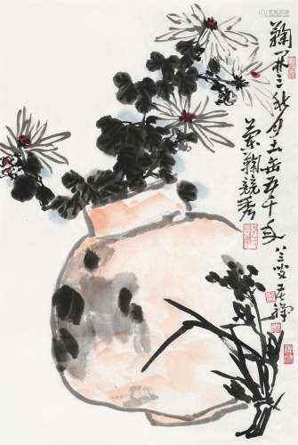 李苦禅（1899～1983） 兰菊竞秀 镜心 设色纸本