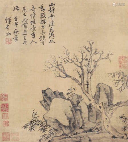 恽向（1586～1655） 枯木奇石图 立轴 水墨绫本