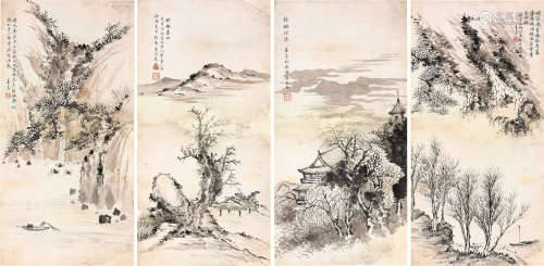 寿玺(1885-1950) 山水四屏 设色 纸本镜片