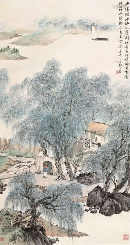 郑午昌(1894-1952) 草堂杨柳 设色 纸本立轴