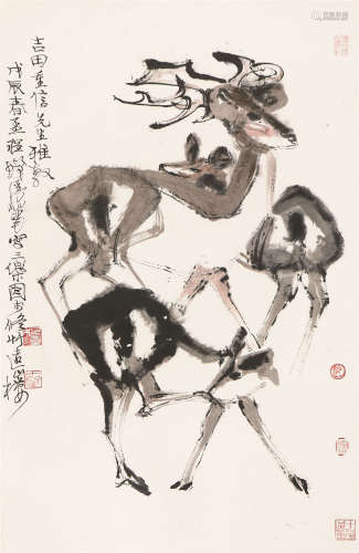 程十发(1921-2007) 三鹿图 设色 纸本镜片