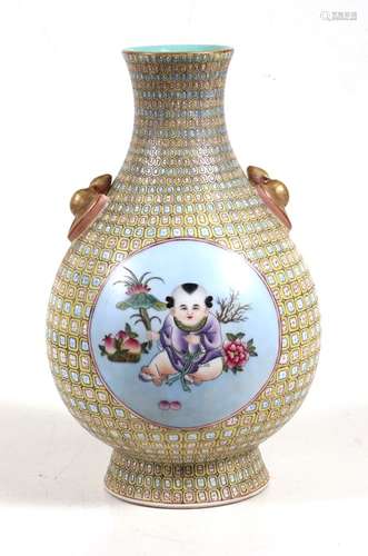 A Chinese yellow ground vase with geometric pattern, having roundels painted with figures of young