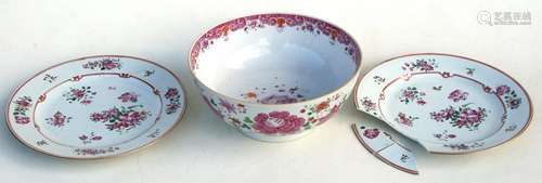 A 19th century Chinese famille rose bowl, 22.5cms (9ins) diameter; together with a pair of 18th /