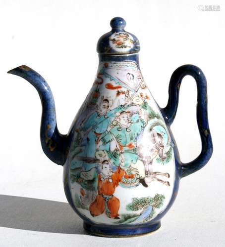 A 19th century Chinese wine pot & cover decorated with warriors on a blue ground with gilt