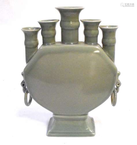 A Chinese celadon glaze five spout vase, 29cms (11.5ins) high.Condition Report Good condition with