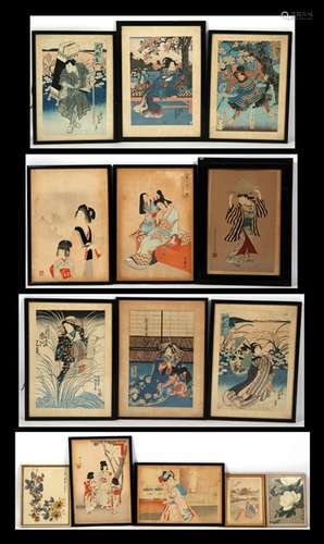 A quantity of 19th / 20th century Japanese woodblock prints, depicting figures and flowers. Framed