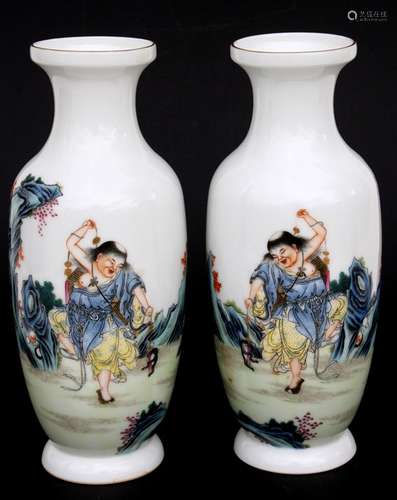 A pair of Chinese Republic vases decorated with a figure in a landscape, four character mark to