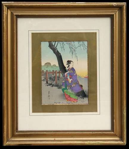 A Japanese handcoloured woodblock print depicting a robed lady beneath a tree, framed & glazed, 15