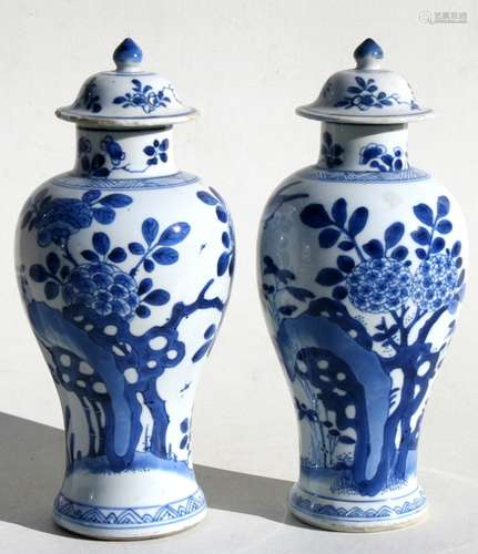 A pair of Chinese Kangxi vases & covers decorated with birds and foliage, 25cms (9.75ins) high.