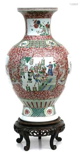 A large Chinese famille rose baluster vase on stand, decorated with figures, birds and flowers