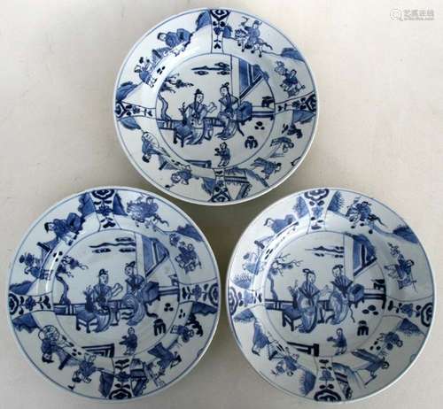 Three 18th century Chinese blue & white plates decorated with ladies on a terrace and workers within