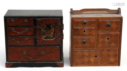 A Japanese Meiji Period lacquer table-top cabinet, 15cms (6ins) wide; together with a Japanese