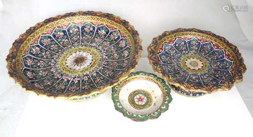 Three Chinese 19th century Bencharong tazza's the largest 27cms (10.5ins) diameter.