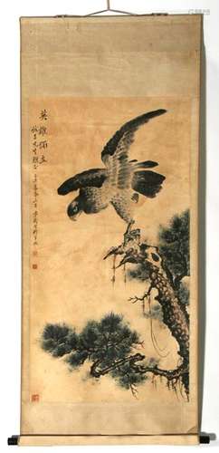 A Japanese scroll painting depicting a hawk on a branch, with calligraphy, 66 by 127cms (26 by