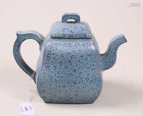 A Chinese Yixing pottery teapot with mottled blue glaze, impressed seal mark to underside, 16cms (