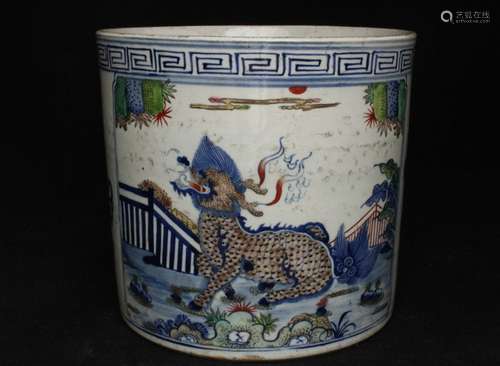 A 19th century Chinese famille verte Bitong brush pot decorated with a Qilin, 21.5cms (8.5isn)