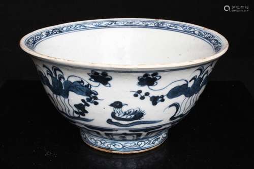 A Chinese blue & white bowl decorated with ducks and flowers, 18cms (7ins) diameter.Condition Report