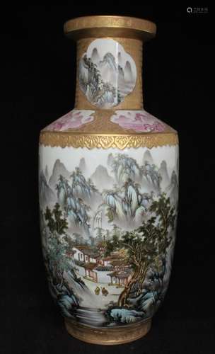 A Chinese Republic vase decorated with a mountainous village scene and calligraphy, with cloud