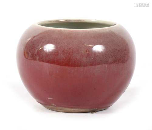 A Chinese peach bloom glazed brush washer with three-character incised mark and six-character blue