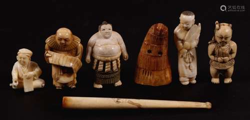 Two late 19th century Japanese ivory netsukes, one in the form of a sumo wrestler; a Chinese ivory