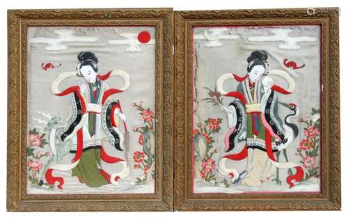 A pair of 19th century Chinese textile padded pictures depicting robed ladies with a crane and a