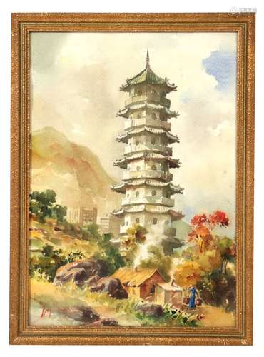 Ling (Chinese School) - Pagoda with Figure in the Foreground - signed lower left, watercolour,