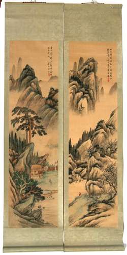 Two Chinese scroll paintings depicting figures in mountainous landscapes, Li Mo Xiang, 29 by