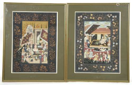 A pair of Indian Mogul paintings on silk depicting court scenes, framed & glazed, 37 by 51cms (14.