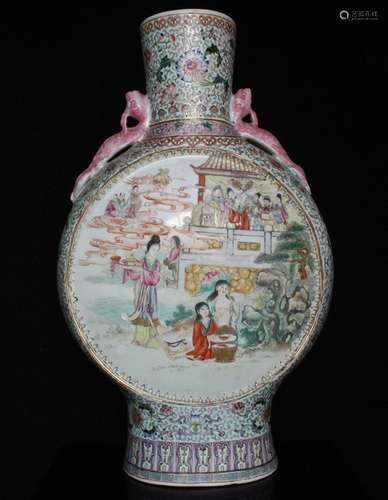 A Chinese famille rose moon flask decorated with figures in a landscape, red 20th century Republic