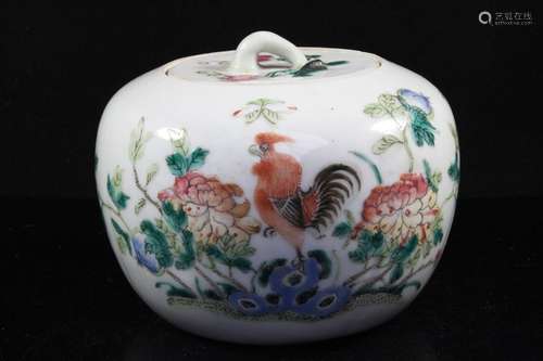 A Chinese famille rose jar and cover decorated with a chicken and flowers, with red seal mark to